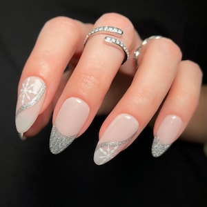 LEILAH Reusable Press On Nails • Silver Glitter French and Snowflake Nails
