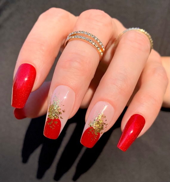 GISELLE Reusable Press on Nails  Red and Gold Leaf Abstract Negative Space  Nails - Etsy