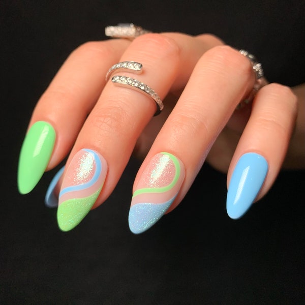 EVERLY Reusable Press On Nails • Green and Blue Abstract Nails