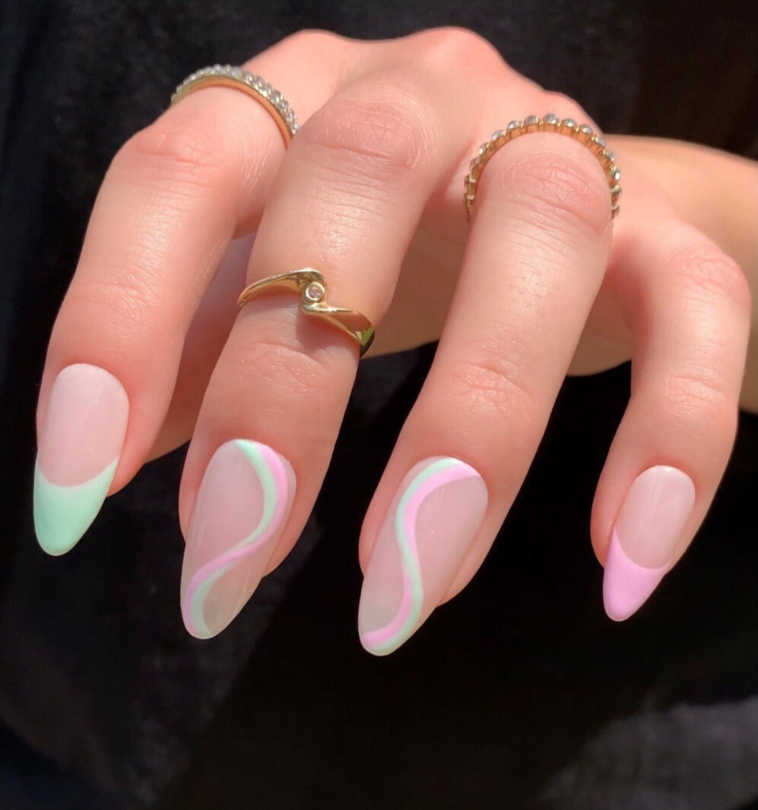 Classic Almond Nails with Pastel Swirls