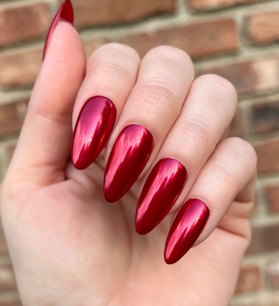 SKYLAR Reusable Press on Nails Red Chrome Nails Etsy Canada