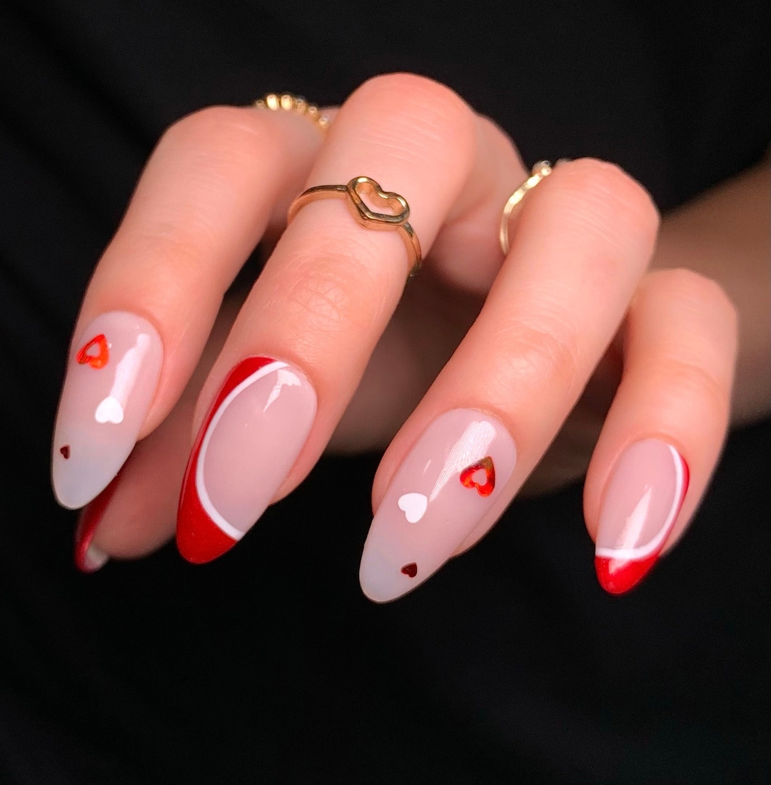 VALENTINA Reusable Press on Nails • Red and White Abstract