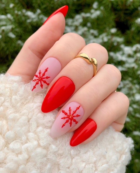 Christmas Nails Snowflake Nails Almond Red Swirls Press - Temu