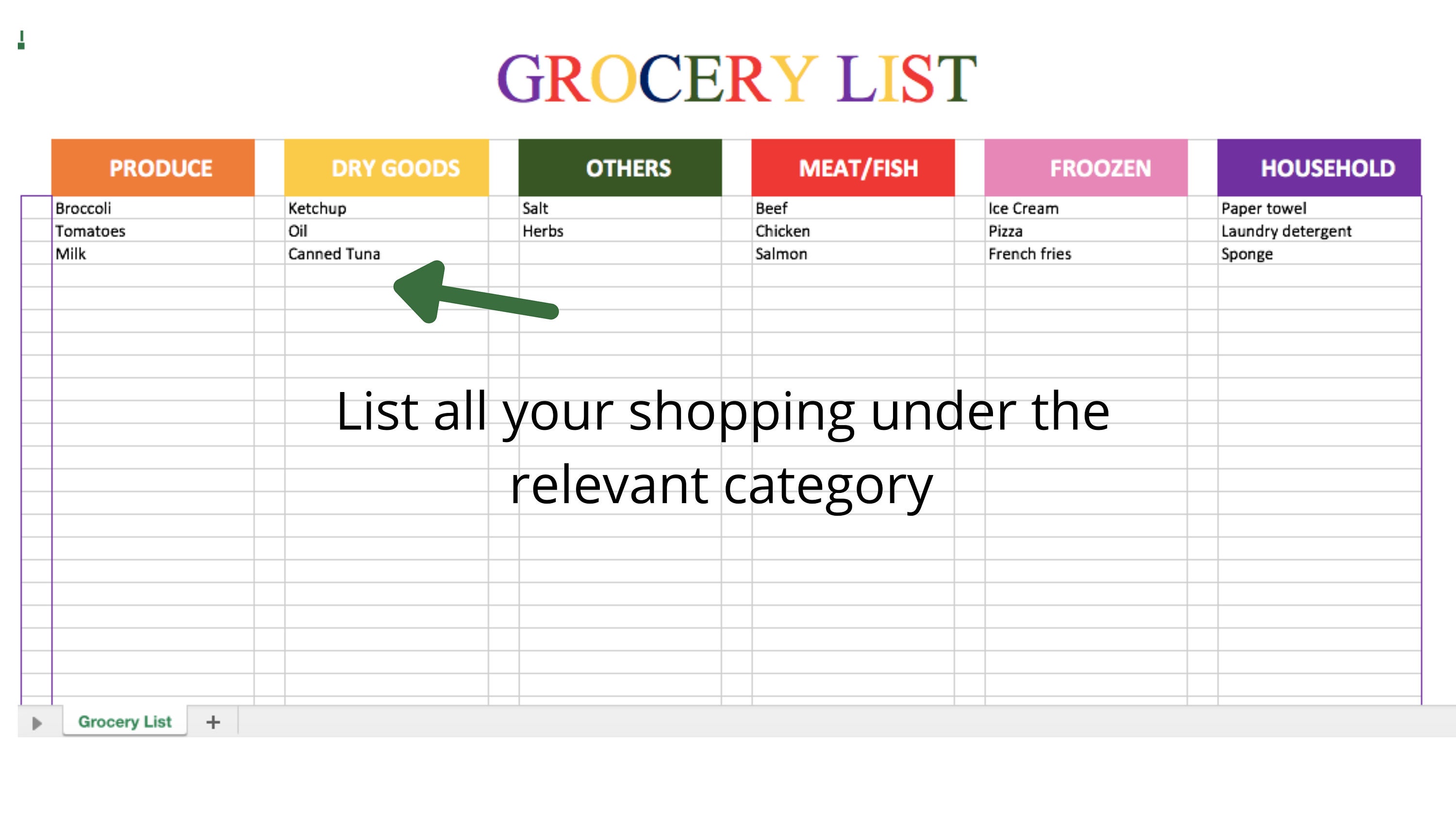 Grocery List in Excel Shopping Planner can be used on a Etsy