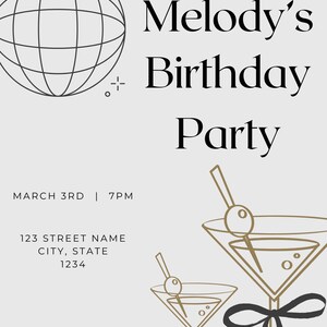 Invitation de fête d'anniversaire chic et moderne | Thème disco et cocktails