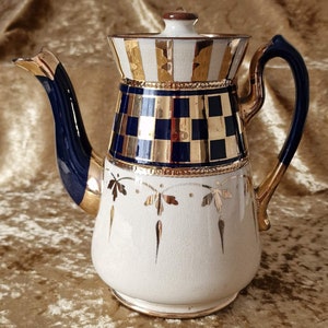 Antieke Victoriaanse theepot van Lingard, Webster & Co, Engeland ca. 1900. Absoluut uniek ruitpatroon in kobaltblauw en goud.