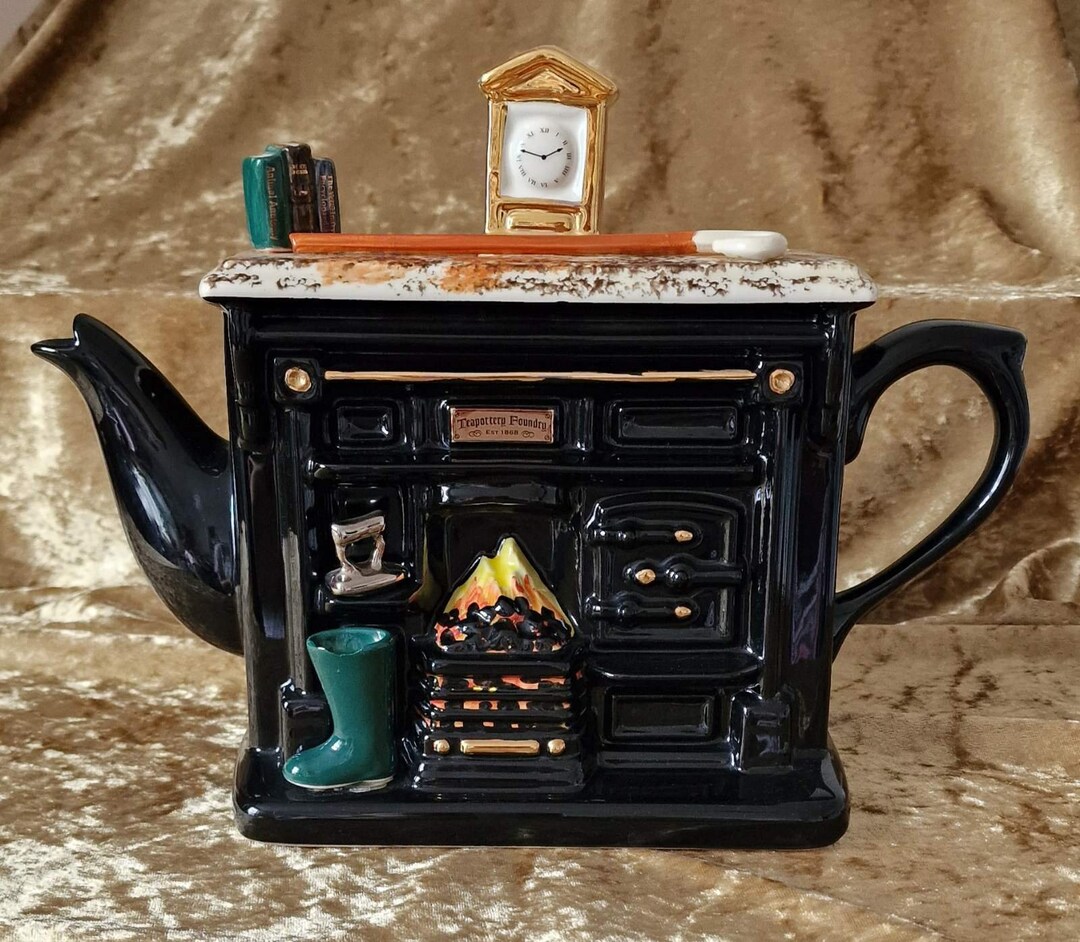 Rare Collectible Black Teapot With Fireplace and Clock, the Original