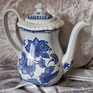 Vintage Blue Butterfly Ironstone Teapot - Elegant English Floral Decor