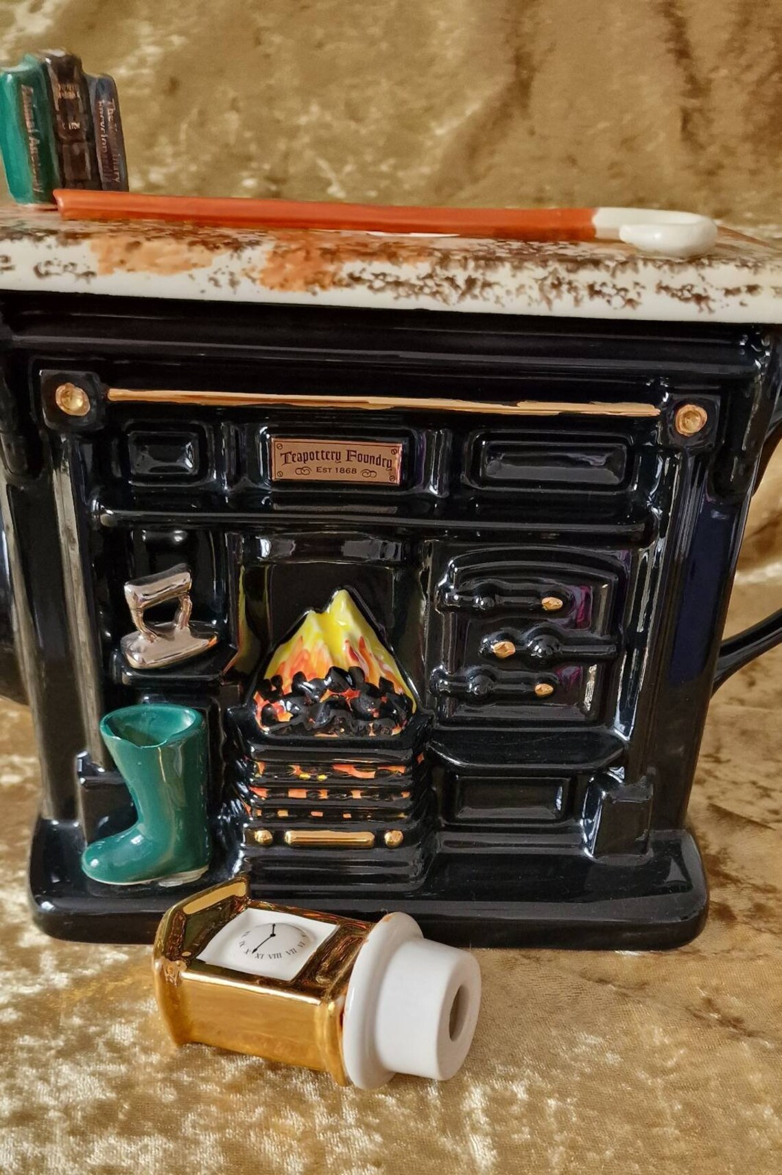 Rare Collectible Black Teapot With Fireplace and Clock, the Original
