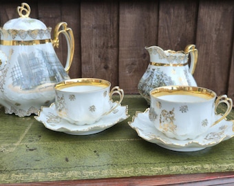 Antique Moritz Zdekauer Tea Set, Gold Lusterware, Karlsbad Decor, 6pc