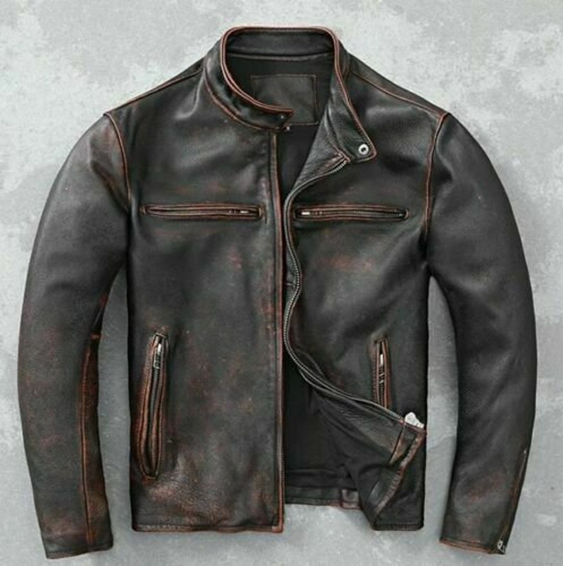 Men’s Vintage Style Jackets & Coats 1920s-1970s     Men’s Motorcycle Biker Vintage Café Racer Distressed Black Real Leather Jacket-925 $87.49 AT vintagedancer.com