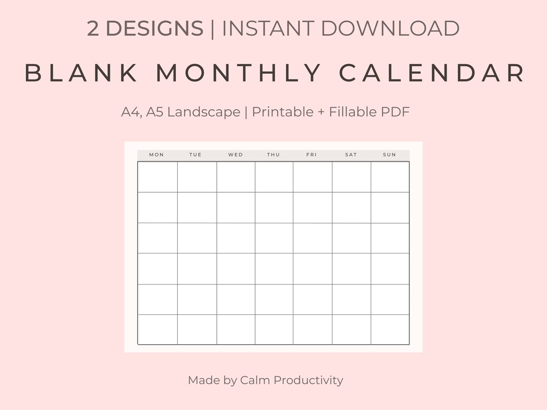 Blank Monthly Calendar | Printable Landscape Calendar | Minimalist ...
