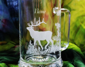 Verre à bière avec motif de chasse, personnalisable | Chope à bière avec gravure | cerf | cerf | sanglier | Amoureux de la nature | Verre avec nom