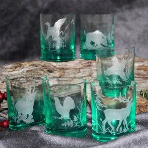 6-er Set Schnapsgläser | 60 ml | Jagdmotiv| mit Gravur | gravierte Gläser | grüne Verfärbung