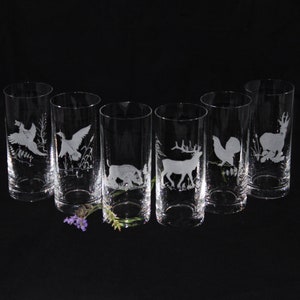 Drinking glasses 300 ml set of 6 | with hunting motifs | Drinking glass with engraving | various hunting motifs | Glasses for everyday life | Water glass