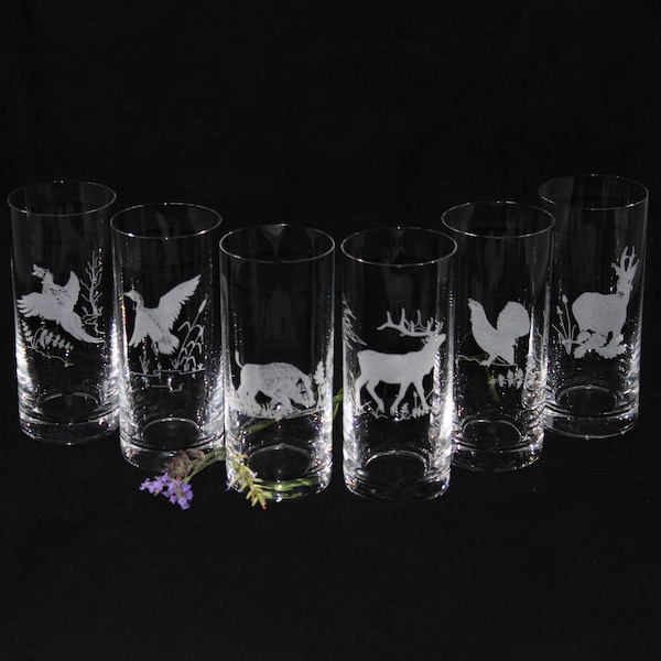 Verres à boire 300 ml lot de 6 | avec motifs de chasse | Verre à boire avec gravure | divers motifs de chasse | Lunettes pour la vie quotidienne | Verre d'eau