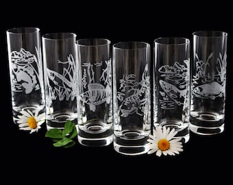 6x shot glass with fish 50ml | Engraved glasses | Stamper Set | Fish motif | Gift