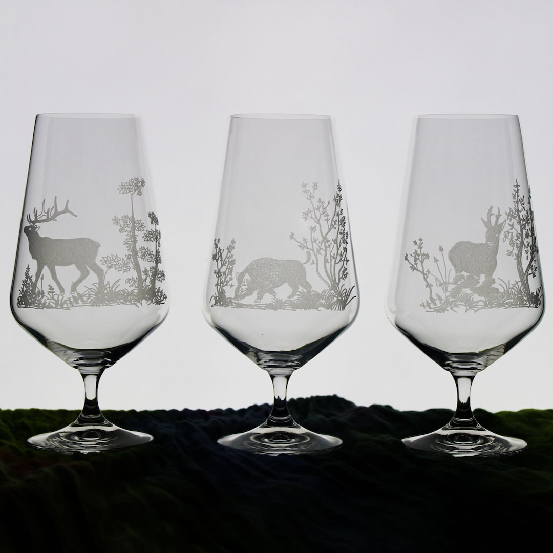Engraved Beer Glass With Stem Various Hunting Motifs Deer Deer Wild
