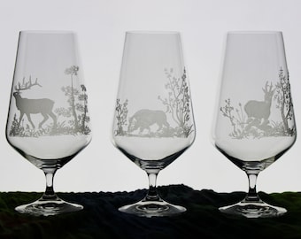 Bicchiere da birra con stelo inciso | vari motivi di caccia: cervo, capriolo, cinghiale | bicchieri incisi | bicchieri da birra con incisione