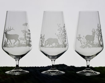 verre à bière gravé avec tige | divers motifs de chasse cerf cerf sanglier | verres gravés | Verres à bière avec gravure