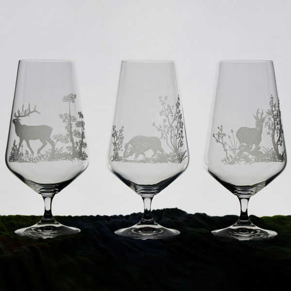 engraved beer glass with stem | various hunting motifs deer deer wild boar | engraved glasses | Beer glasses with engraving