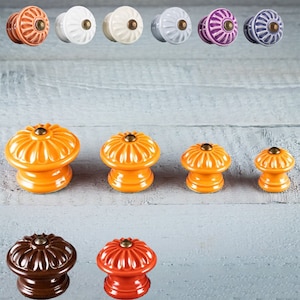 Può includere: Assortimento di pomelli per armadi in ceramica di vari colori e dimensioni. I pomelli presentano un design scanalato rialzato e un accento metallico dorato. I colori includono arancione, bianco, viola e marrone.