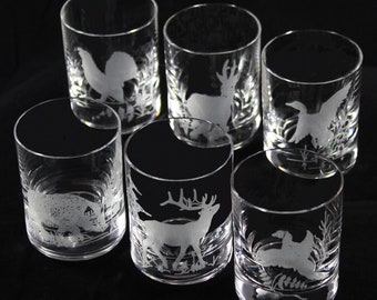 Set van 6 shotglaasjes | 60 ml | diverse jachtmotieven | gegraveerd | gegraveerde glazen