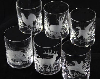 Ensemble de 6 verres à shot | 60 ml | divers motifs de chasse | avec gravure | verres gravés