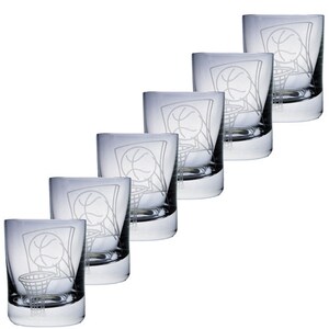 May include: Six clear glass tumblers with a basketball and hoop design etched on the front. The glasses are arranged in a diagonal row, showcasing the etched basketball graphic. The glasses are likely for drinking beverages.