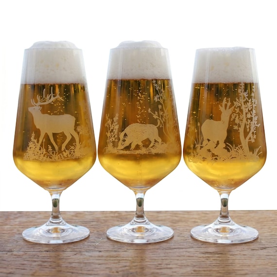 Graviertes Bierglas mit Stiel | verschiedene Jagdmotive Hirsch Reh Wildschwein | gravierte Gläser | Biergläser mit Gravur