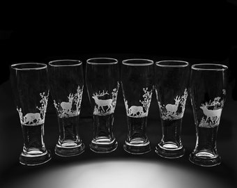 Verre à bière blanche avec gravure | différents motifs de chasse| cerf | Cerf sanglier | verre à bière gravé | Motifs nature animaux sauvages | Ensemble de verres à bière