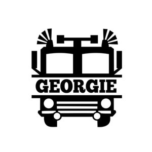 Puede incluir: Silueta en blanco y negro de un camión de bomberos con el nombre Georgie en la parte delantera.