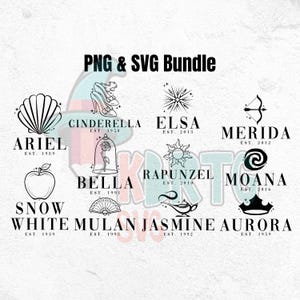 Princess Svg Png Bundle, Princess Silhouette Svg Files, Tiana Svg, Princess Clipart, Frozen Svg, Rapunzel Svg, Snow White Svg, Princess Logo