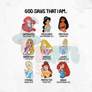 Princess Characters God Says That I am PNG, God Says I am Png, Princess Faith Friends Vacation Png, Family Vacation Faith PNG