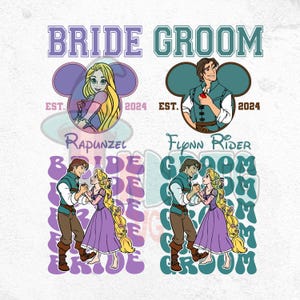Custom Bride Groom Rapunzel Flynn Rider PNG, Matching Tangled, Custom Est and Name Castle Bachelorette Party, Magic Kingdom Wedding