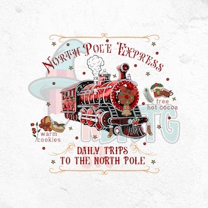 North Pole Express PNG, Codzienne wycieczki na biegun północny PNG, Ciasteczka świąteczne PNG, Gorące kakao świąteczne PNG, Retro świąteczna koszula PNG