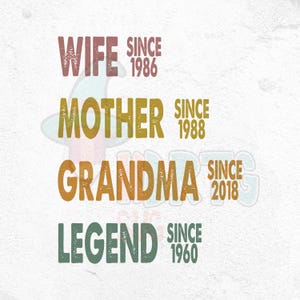 Mamma e nonna personalizzate in formato PNG, Festa della mamma in formato PNG, Leggenda della moglie, madre e nonna, Date personalizzate per la nonna, Divertente regalo di compleanno per la mamma per le donne in formato PNG