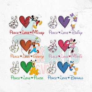 Paquete PNG de Mickey con paz y amor, descarga digital, PNG de amor y paz, paquete PNG de amigos del castillo mágico, sublimación de amor y paz para vacaciones familiares