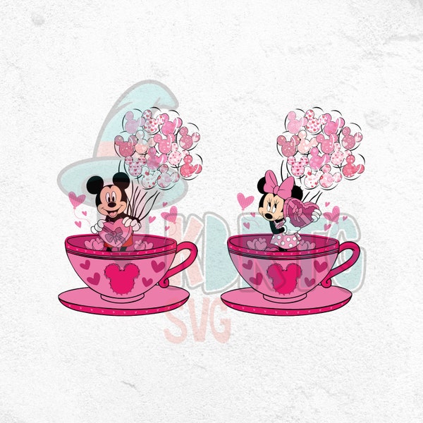 Valentines Minnie Mickey Tea Cup Balloons PNG, Magical Valentine Heart Sublimation, Couple Love, Valentine's Day Png, Love PNG Sublimation