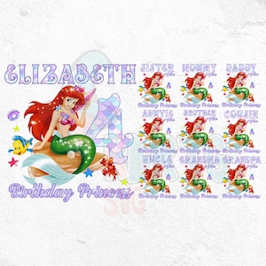 Custom Birthday Little Mermaid Princess Ariel Png, Matching Family Custom Mermaid Princess Birthday Girl Theme Png, Little Mermaid Ariel
