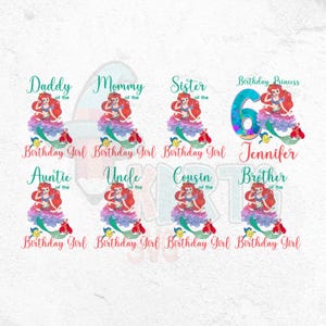 Custom Birthday Little Mermaid Princess Ariel Png, Matching Family Custom Mermaid Princess Birthday Girl Theme Png, Little Mermaid Ariel