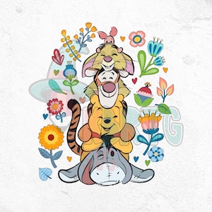 Cute Floral Winnie the Pooh Retro Flower Png, Mickey Mouse Friends Png, Magic Kingdomland, Winnie the Pooh Png, Family Vacation Holiday Png