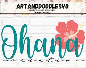 Op de afbeelding: Turquoise tekst die "Ohana Vacation" zegt met een roze hibiscusbloem aan de rechterkant van de tekst. De achtergrond is een witte bakstenen muur.