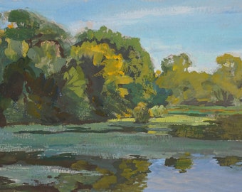 Original Gouache Painting: Swan Lake Reflections