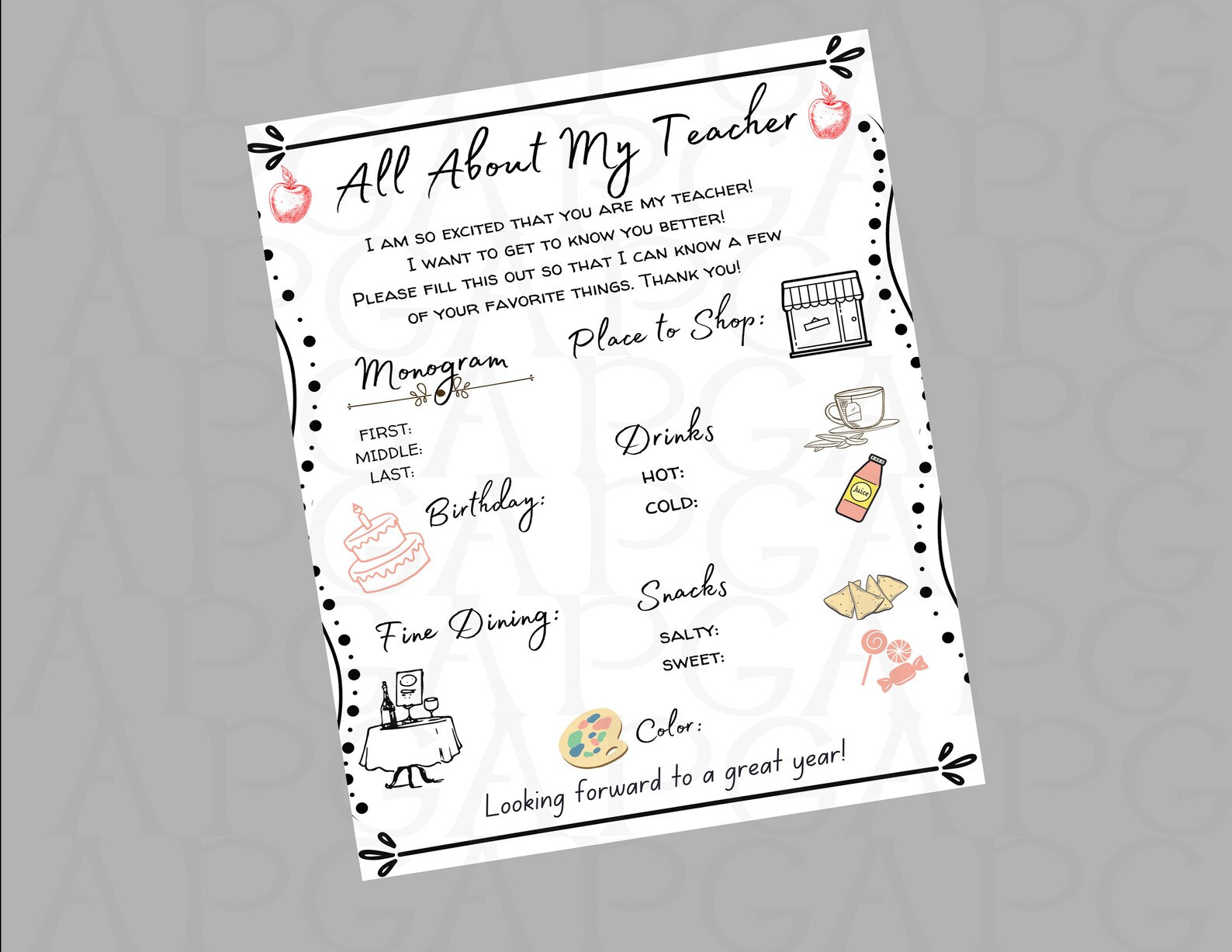 All About My Teacher Printable PNG PDF Favorite Things | Etsy