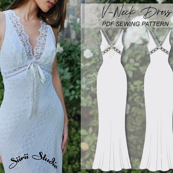 V-neck Dress Sewing Pattern PDF | Instant download | Print at home | Size 00-14