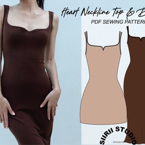 Heart Neckline Top & Dress Sewing Pattern PDF  | Instant download | Print at home | Size XXS-XXL
