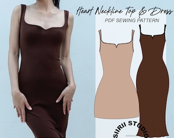 Heart Neckline Top & Dress Sewing Pattern PDF  | Instant download | Print at home | Size XXS-XXL