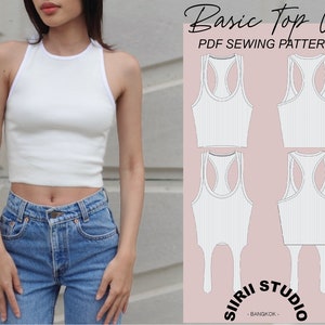 Op de afbeelding: Een wit tanktop naaipatroon met een ronde hals en racerback. Het patroon wordt getoond op een roze achtergrond met de tekst "Basic Top 02 PDF Sewing Pattern" en "Siirri Studio - Bangkok -" onderaan.