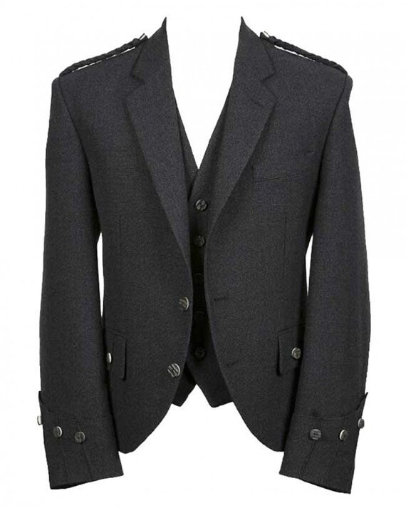 Men's Charcoal Grey Tweed Wool Argyle Kilt Jacket with Vest Scottish Wedding Kilt Jackets | Chest Size 34\